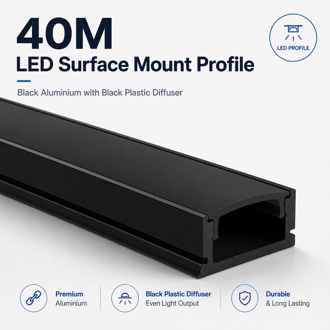 Black Surface Mounted Aluminium LED Strip Profile with Opal Diffuser – 2M Lengths | 2M–100M Kits