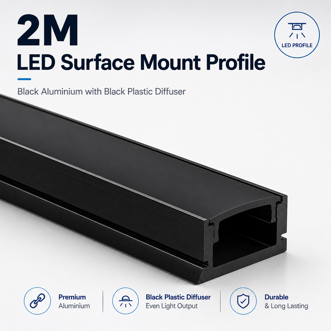 Black Surface Mounted Aluminium LED Strip Profile with Opal Diffuser – 2M Lengths | 2M–100M Kits