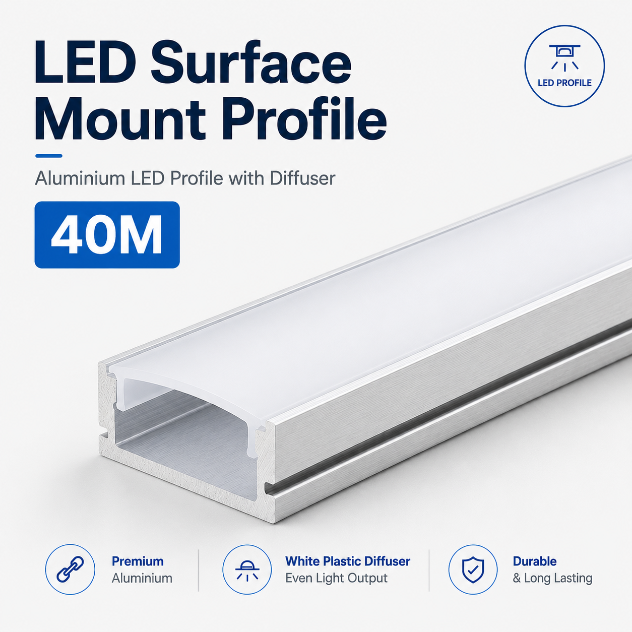 Surface Mounted Aluminium LED Strip Profile with Opal Diffuser – 2M Lengths | 2M–100M Kits