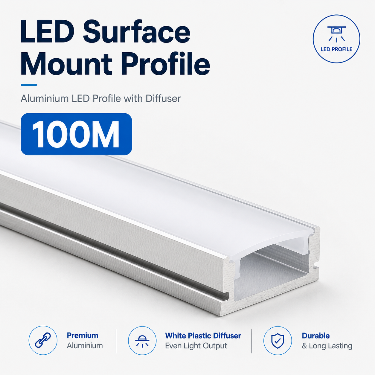 Surface Mounted Aluminium LED Strip Profile with Opal Diffuser – 2M Lengths | 2M–100M Kits