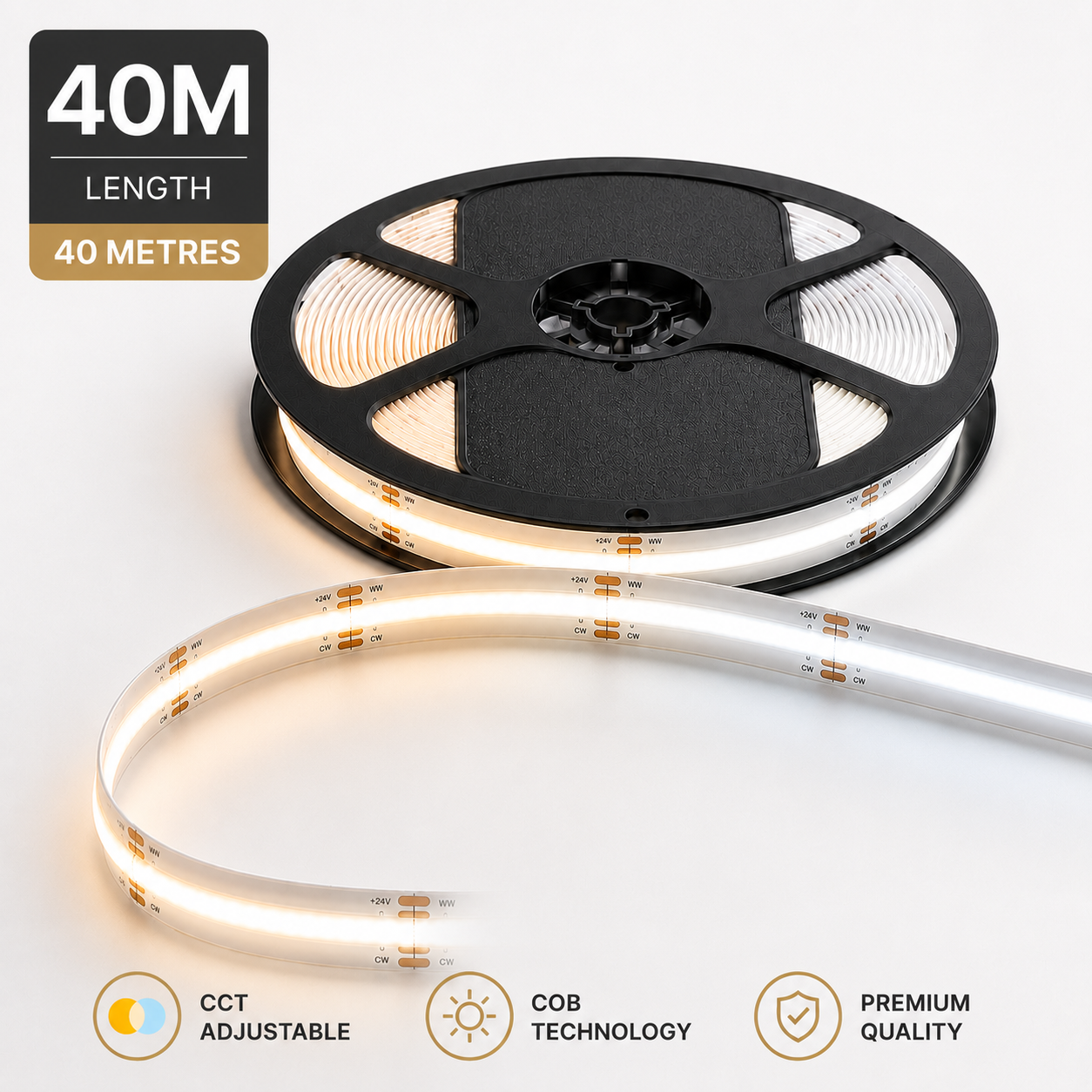 24V CCT COB LED Strip Light Tunable White 2700K–6500K – Dotless Super Bright Self Adhesive LED Tape, 1m–100m