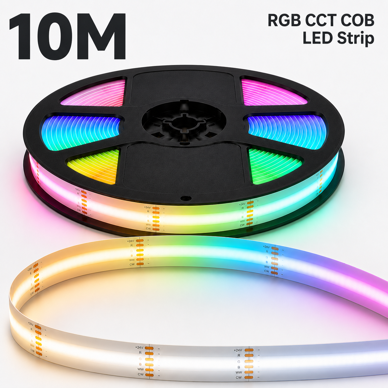 24V RGB+CCT COB LED Strip Light – Colour Changing Dotless Tape, Tunable White 2700K–6500K, 1m–100m