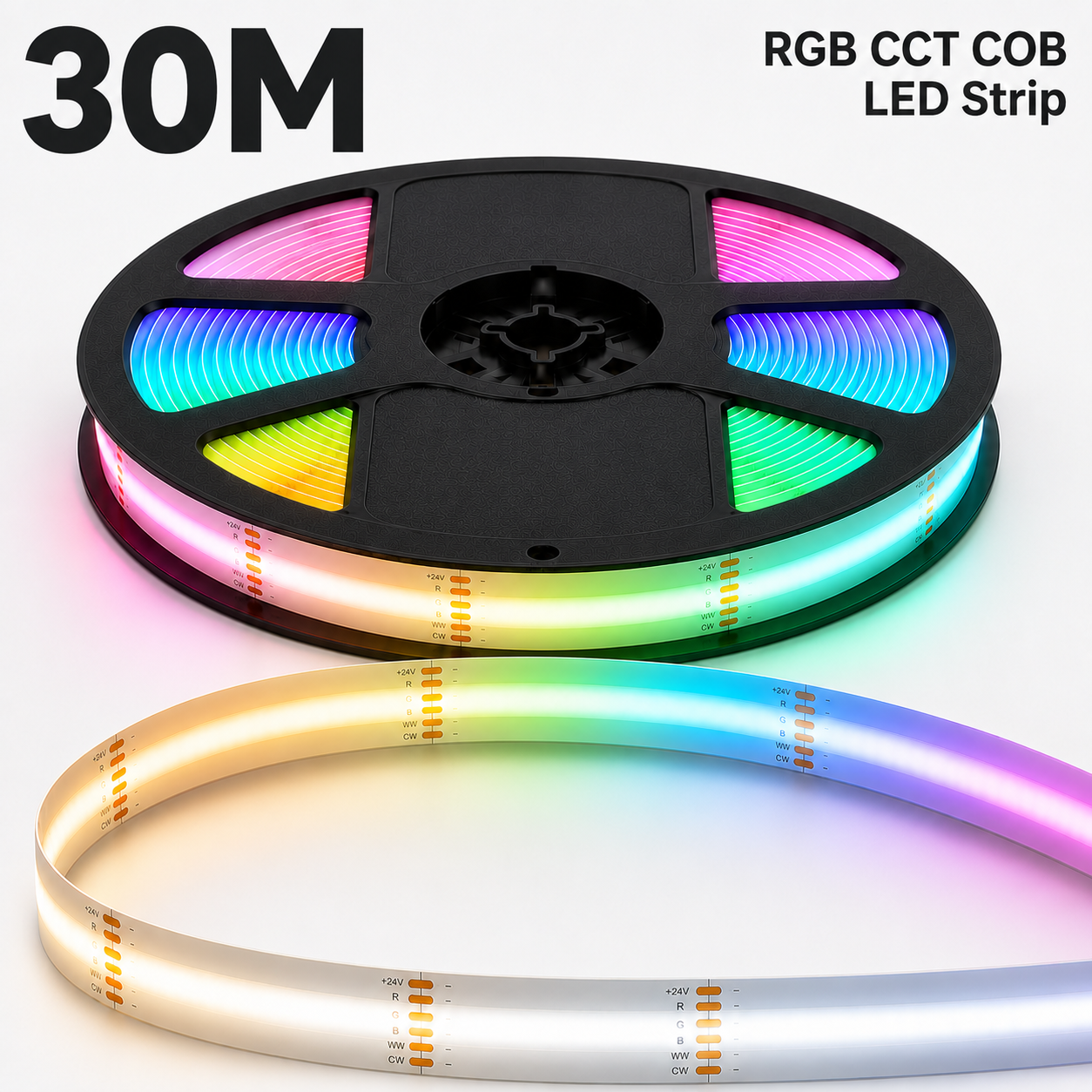 24V RGB+CCT COB LED Strip Light – Colour Changing Dotless Tape, Tunable White 2700K–6500K, 1m–100m
