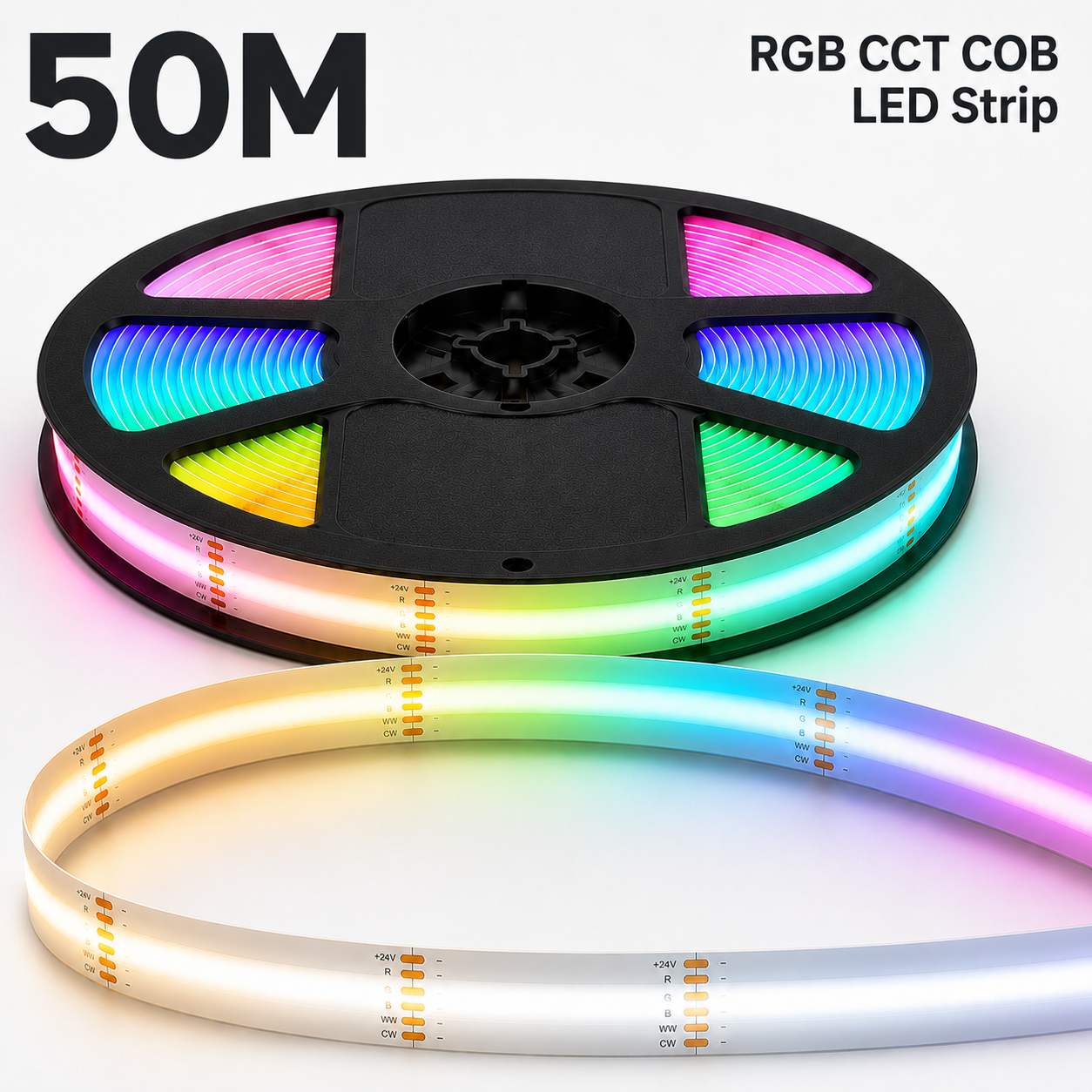 24V RGB+CCT COB LED Strip Light – Colour Changing Dotless Tape, Tunable White 2700K–6500K, 1m–100m