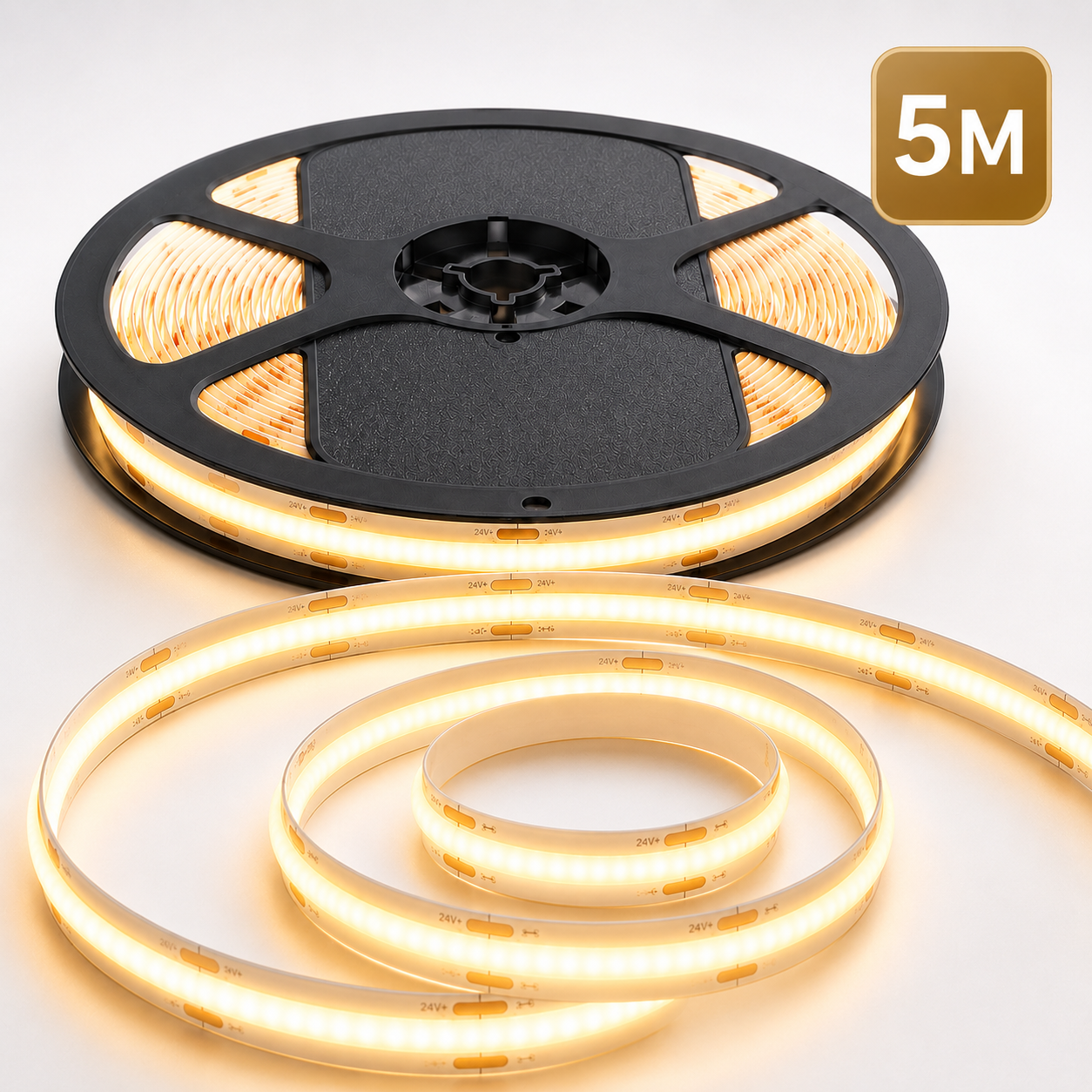 24V COB LED Strip Light Warm White 3000K – IP65 Waterproof Dotless Super Bright Self-Adhesive LED Tape, 1m–100m
