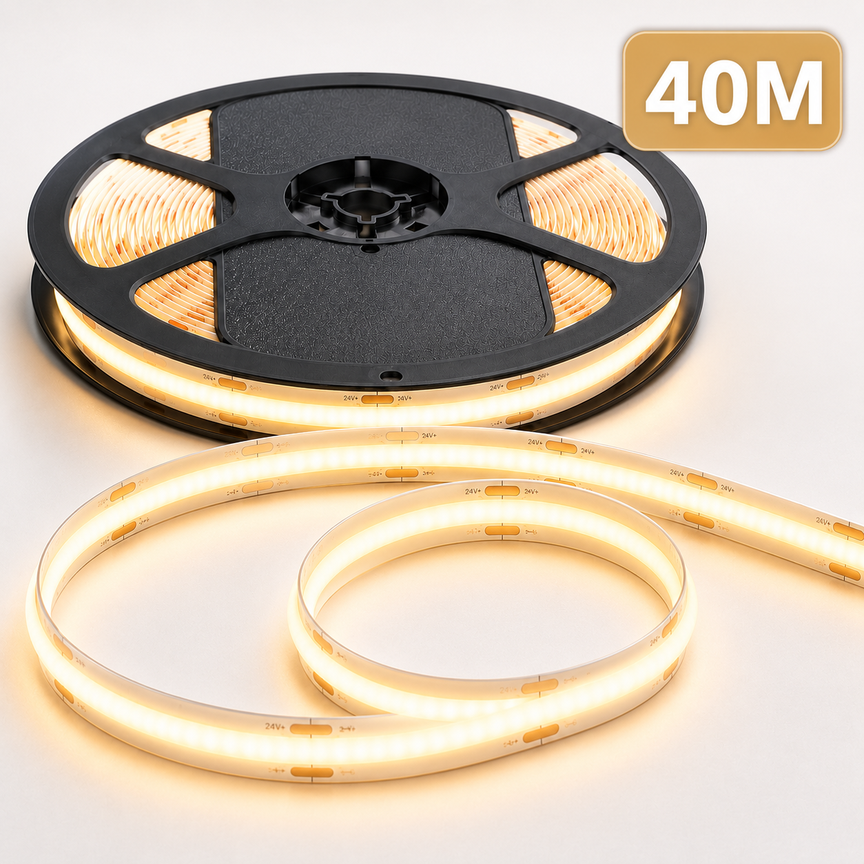 24V COB LED Strip Light Warm White 3000K – IP65 Waterproof Dotless Super Bright Self-Adhesive LED Tape, 1m–100m