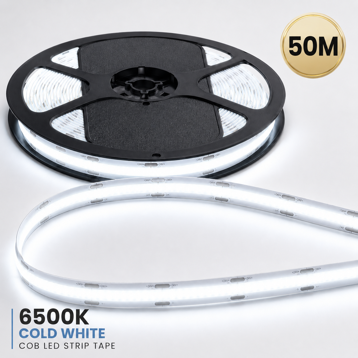 24V COB LED Strip Light Cool White 6500K – Dotless Super Bright Self Adhesive LED Tape, 1m–100m