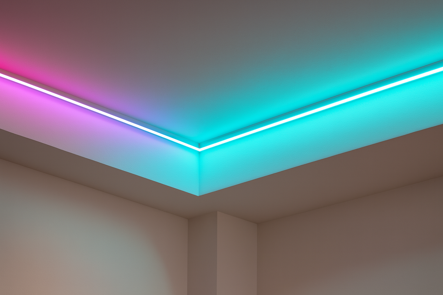 Minimal interior corner with recessed RGB LED strip lighting along the ceiling edge, fading from pink to cyan for a clean modern accent effect.