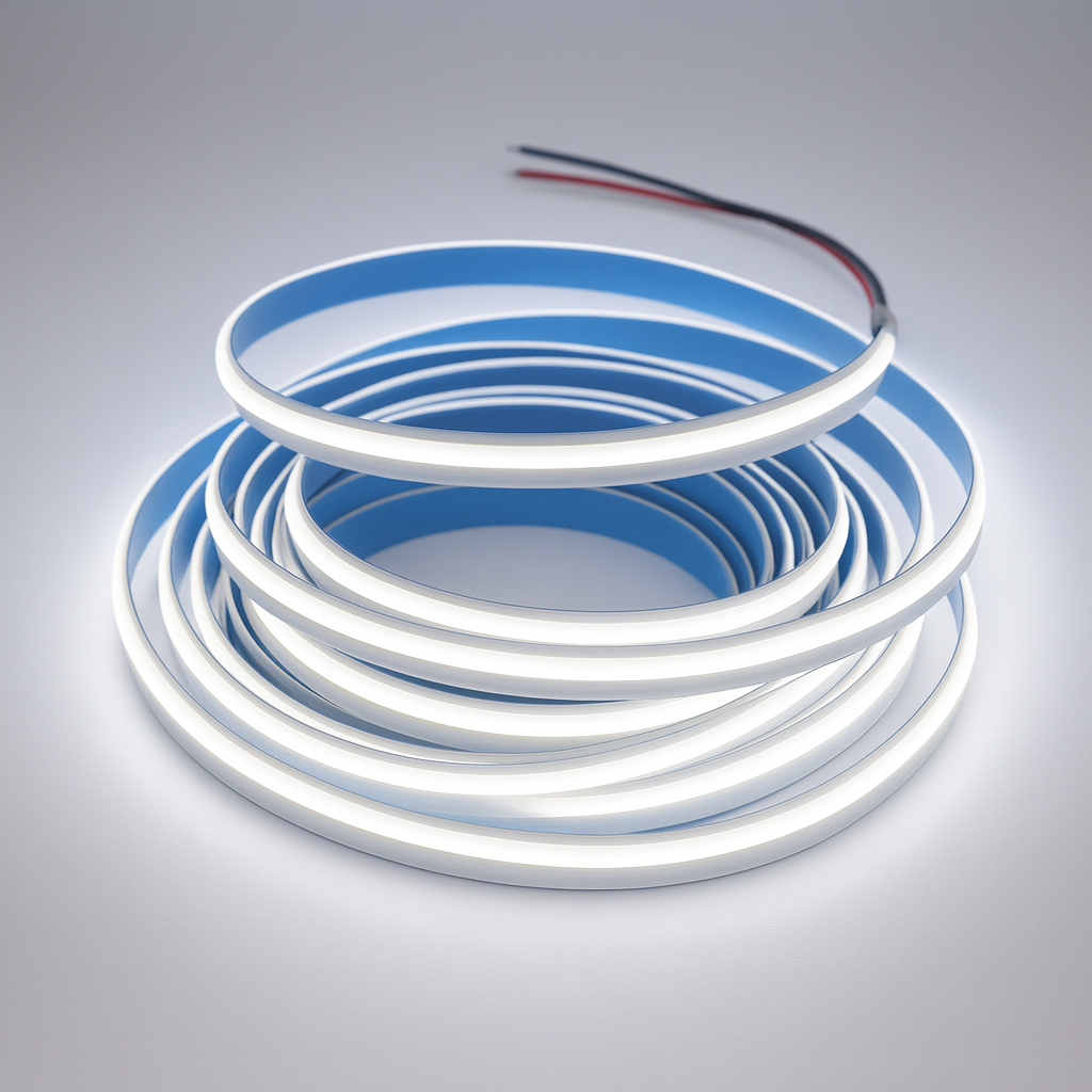 Flexible COB LED strip light coiled in loops with red and black power wires, shown unlit on a light grey background.