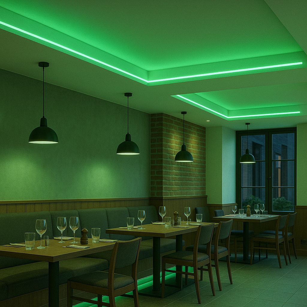 Modern restaurant interior with green LED strip lighting recessed around the ceiling and under the seating, casting a vivid ambient glow over tables, pendant lights, and booth seating.