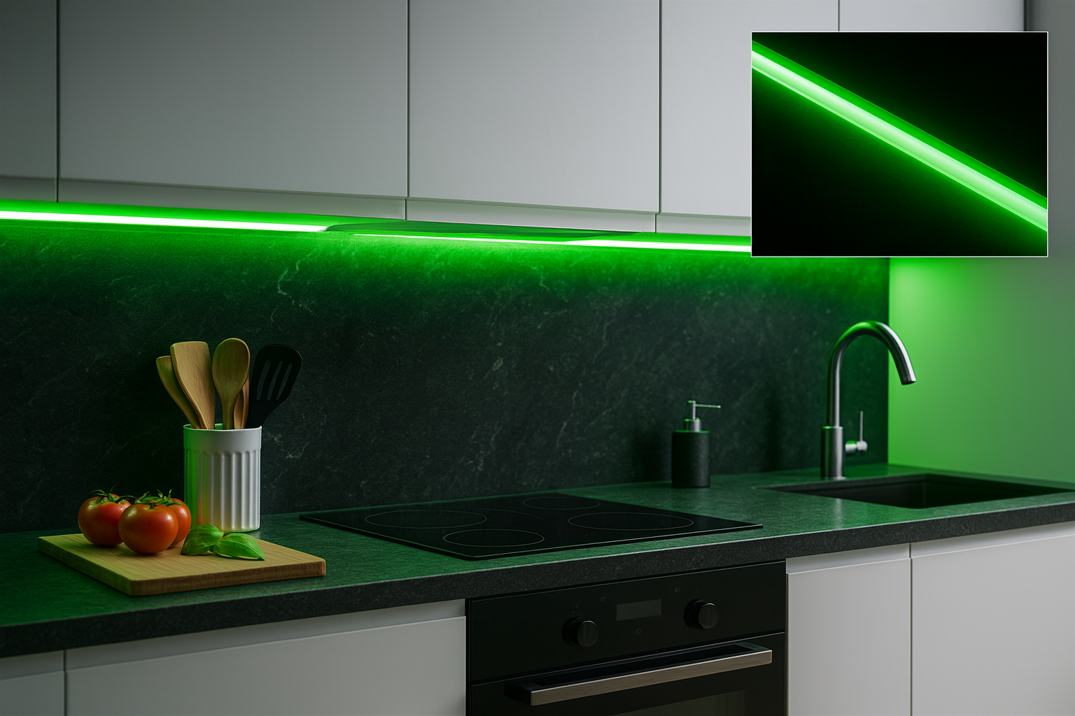 Modern kitchen with vivid green under-cabinet LED strip lighting above a dark worktop and sink, with a close-up inset showing the illuminated strip detail.