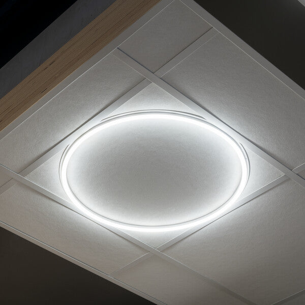 Kanlux AVAR O round LED panel light installed in suspended ceiling at an angle