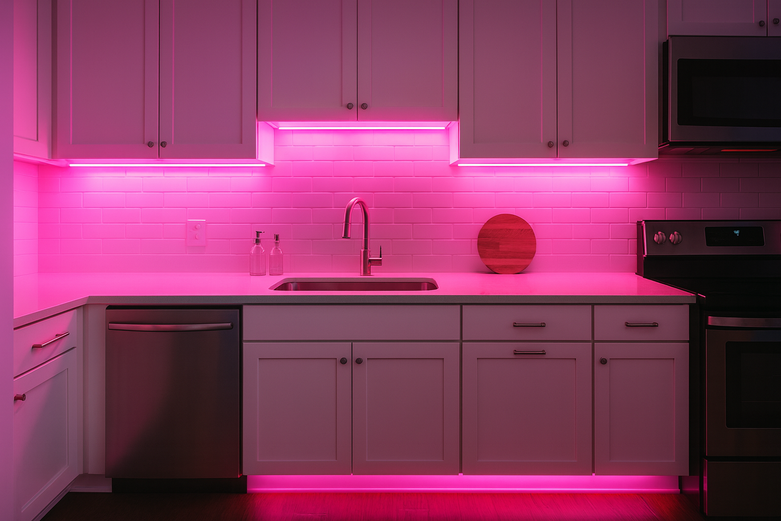 Modern white kitchen with bright pink LED strip lighting installed under wall cabinets and along the plinth, illuminating the backsplash, sink, and worktops.