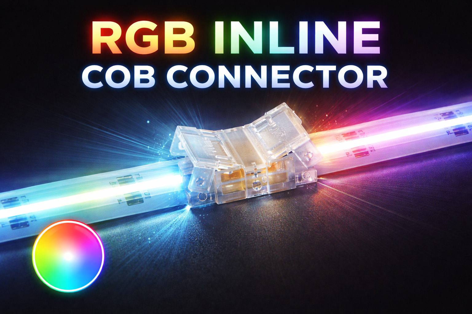 Promotional image of a transparent inline connector joining two illuminated RGB COB LED strip sections, with multicolour lighting effects on a dark background.