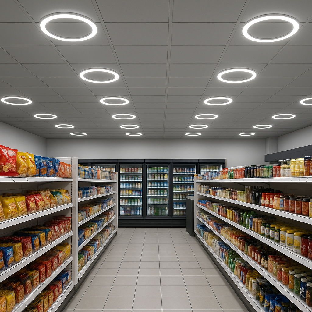 Round LED panel ceiling lights illuminating a modern office workspace