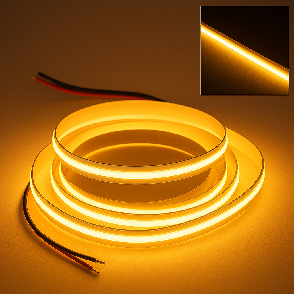 Warm white COB LED strip light glowing in coiled loops on a dark amber background, with a close-up inset showing the even light output.