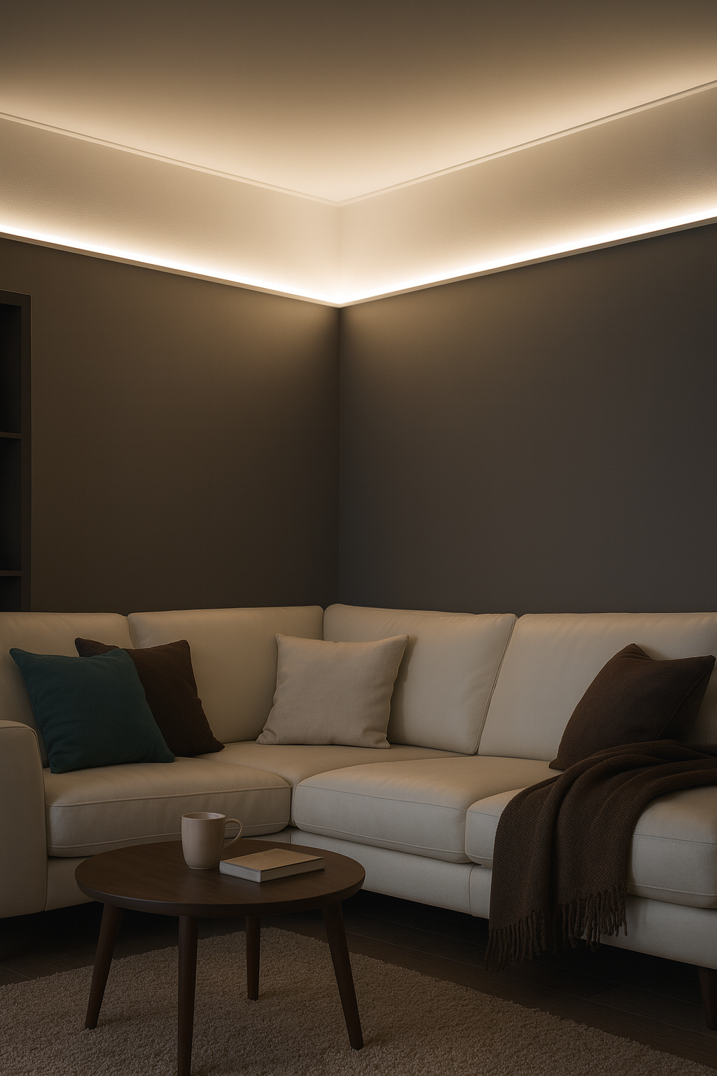 Cozy living room with warm white cove LED lighting around the ceiling, softly illuminating a cream sectional sofa, cushions, throw blanket, and round coffee table.
