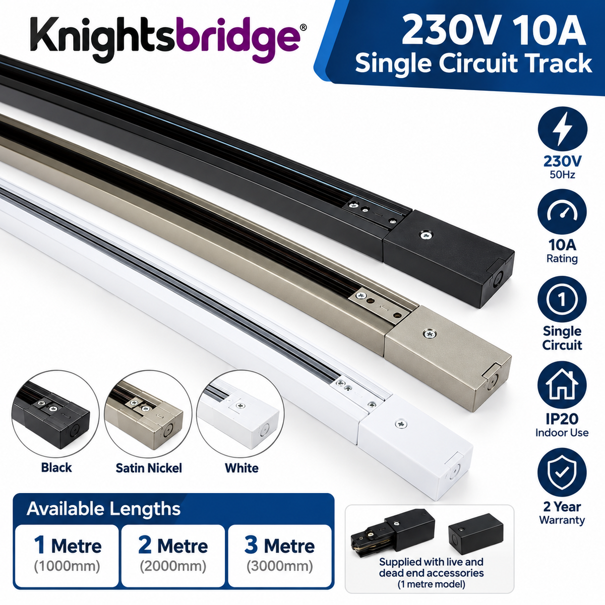 Knightsbridge 230V 10A Single Circuit Track Lighting Rail Black – 1M - 3Meter