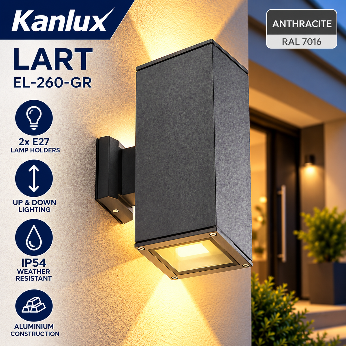 Kanlux LART Up Down Outdoor Wall Light 2x E27 IP54 Anthracite Aluminium