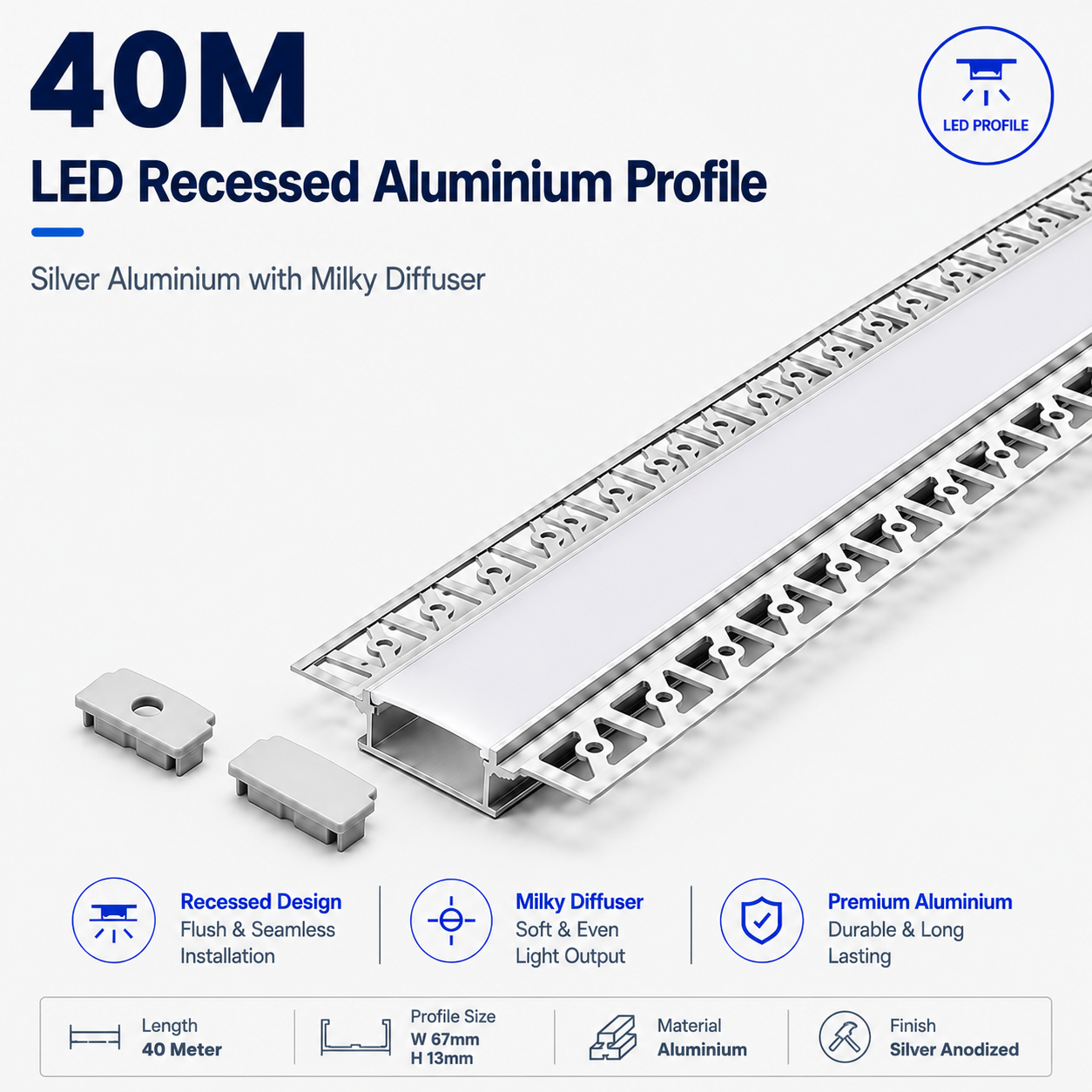 Silver Recessed Aluminium LED Strip Profile with Milky Diffuser – 2M Lengths | 2M–100M Kits