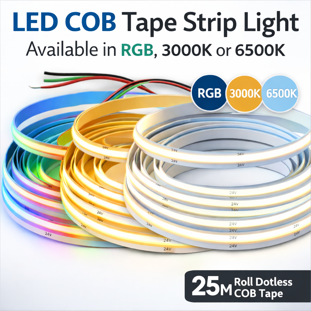 Promotional graphic for LED COB tape strip lights showing three coiled 25m rolls in RGB, warm white 3000K, and cool white 6500K, with headline text “LED COB Tape Strip Light,” colour option badges, exposed connection wires, and a label reading “25M Roll Dotless COB Tape