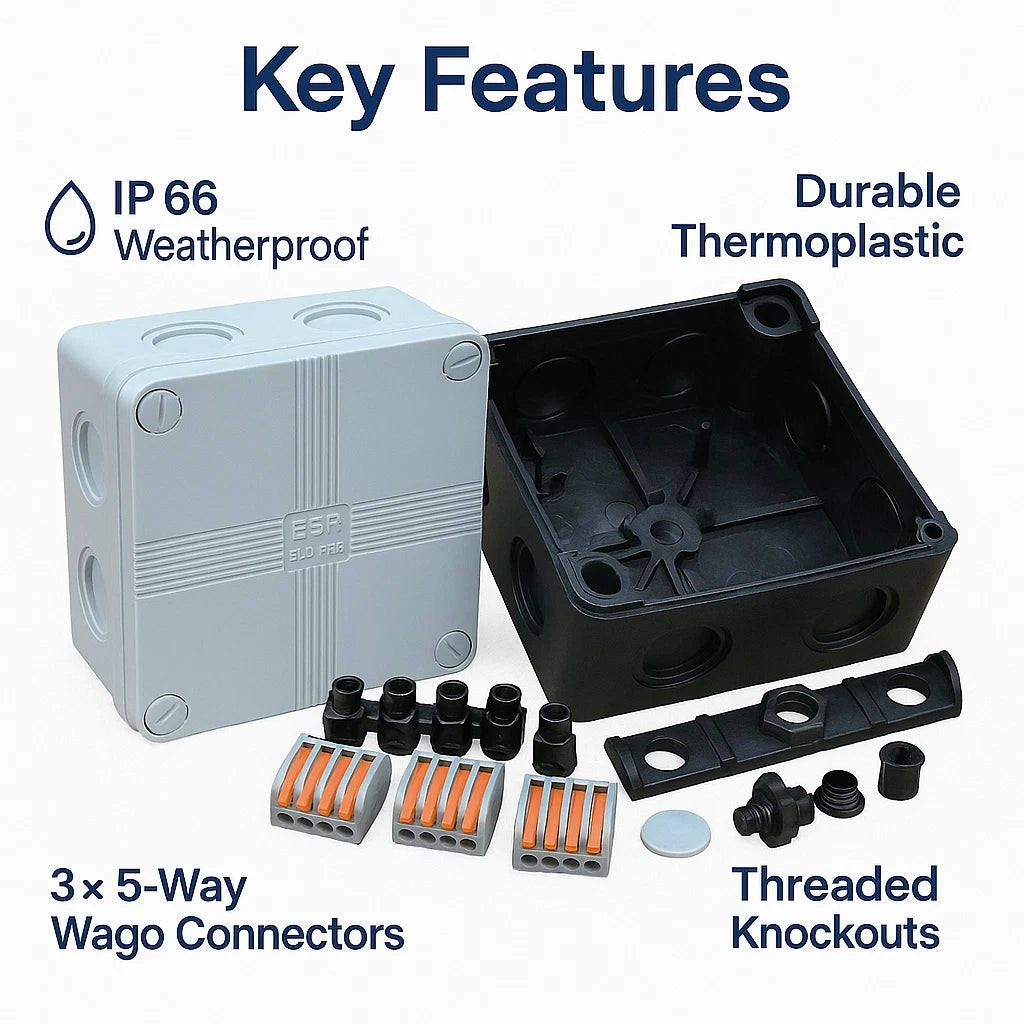 ESR IP66 Waterproof Junction Box Black or Grey 90x90x56mm + 3 Wago Connectors