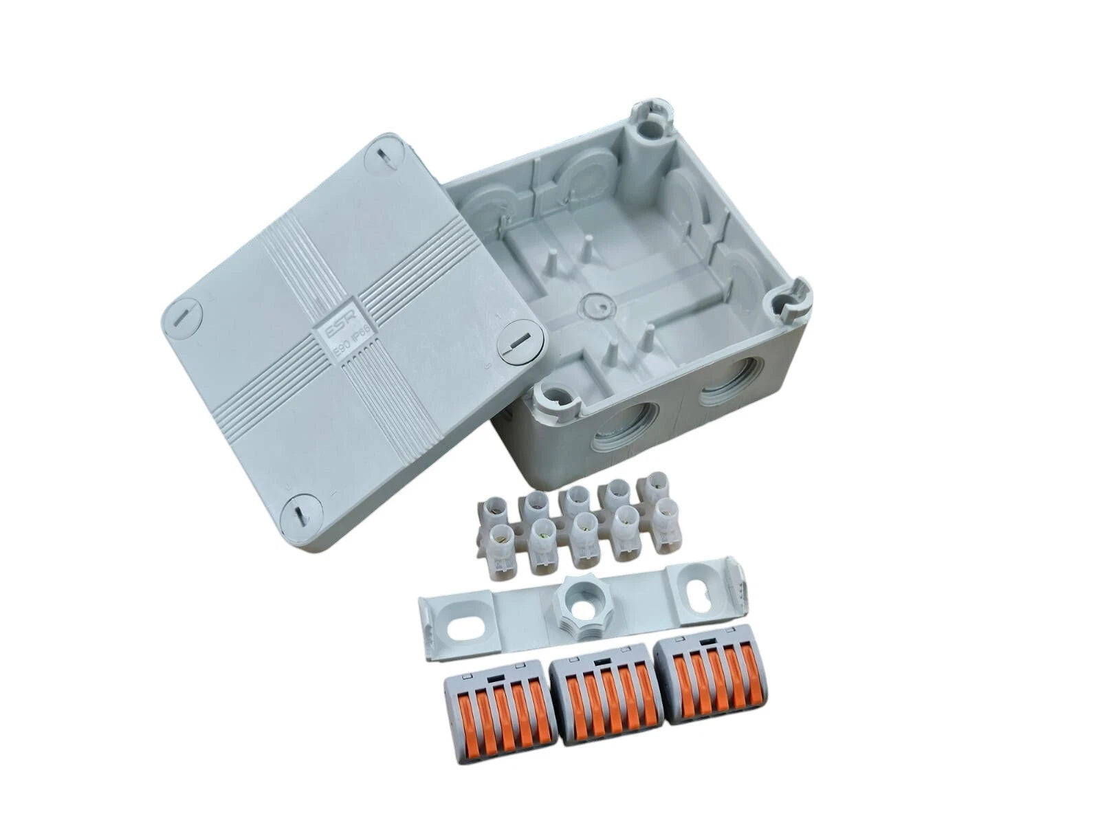 ESR IP66 Waterproof Junction Box Black or Grey 90x90x56mm + 3 Wago Connectors
