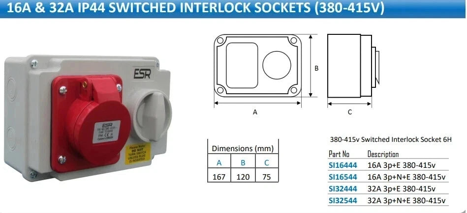 ESR Red 16 Amp 5 Pin Interlock Socket Switch 3P+N+E Weatherproof IP44 16A