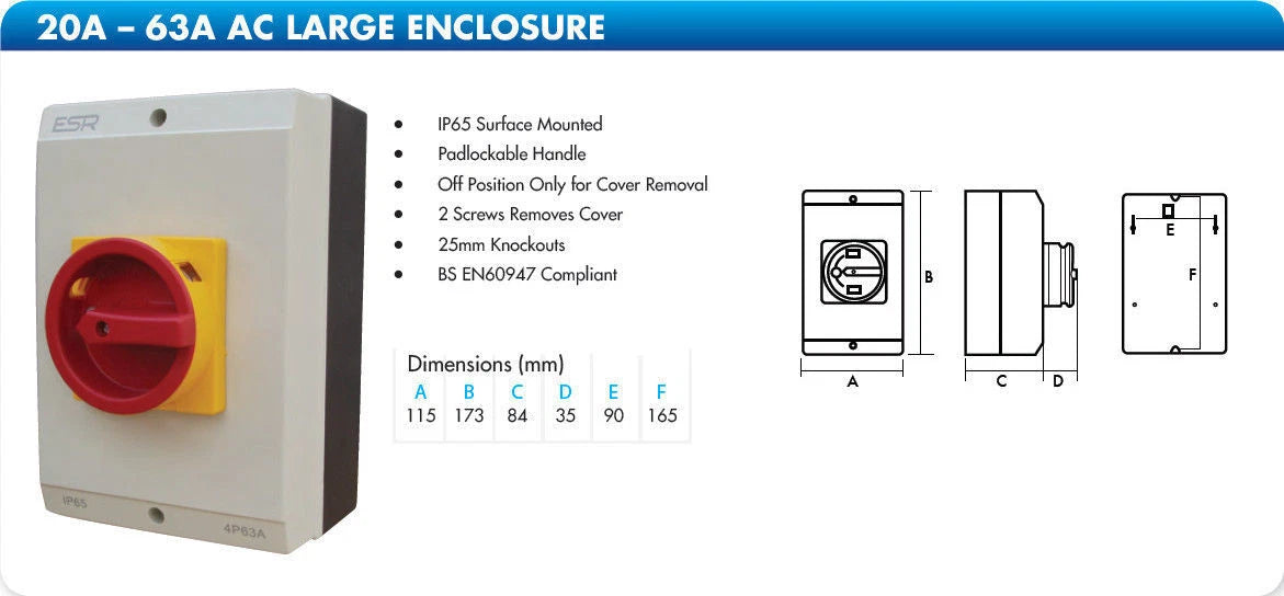 AC Large Electrical Switch Rotary 4P Isolator IP65 Enclosure 4 Pole 63Amp 63a