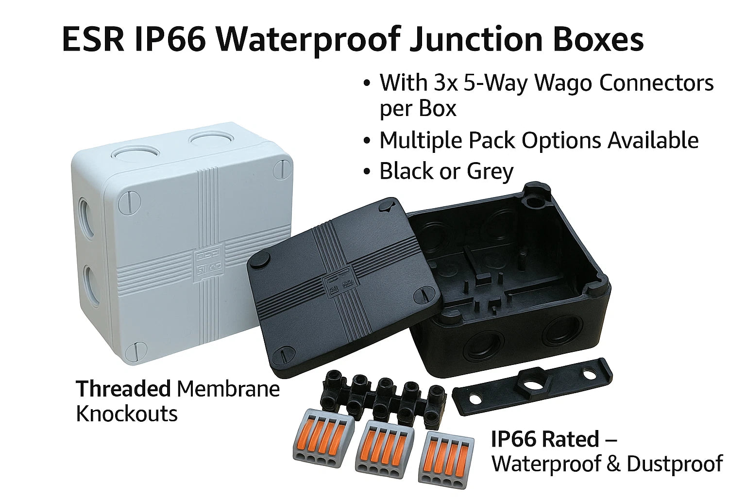 ESR IP66 Waterproof Junction Box Black or Grey 90x90x56mm + 3 Wago Connectors