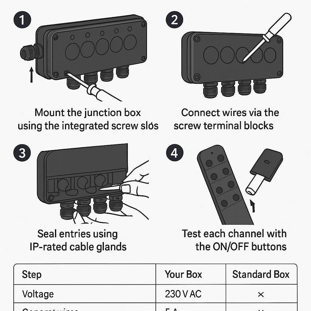 IP66 5-Way Junction Box Remote Control Switch Unit 13A Waterproof Electrical
