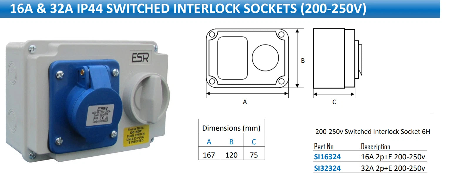 ESR Interlocked Socket 3 Pin Single Phase 240v IP44 2P+E 32A Weatherproof Switch