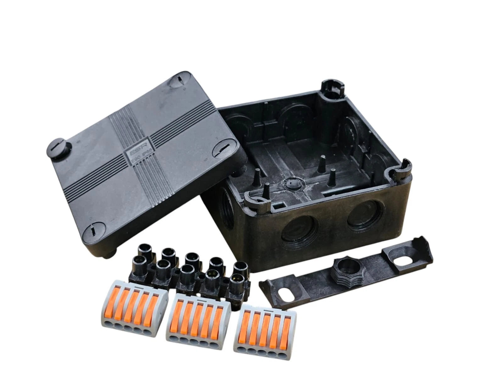 ESR IP66 Waterproof Junction Box Black or Grey 90x90x56mm + 3 Wago Connectors