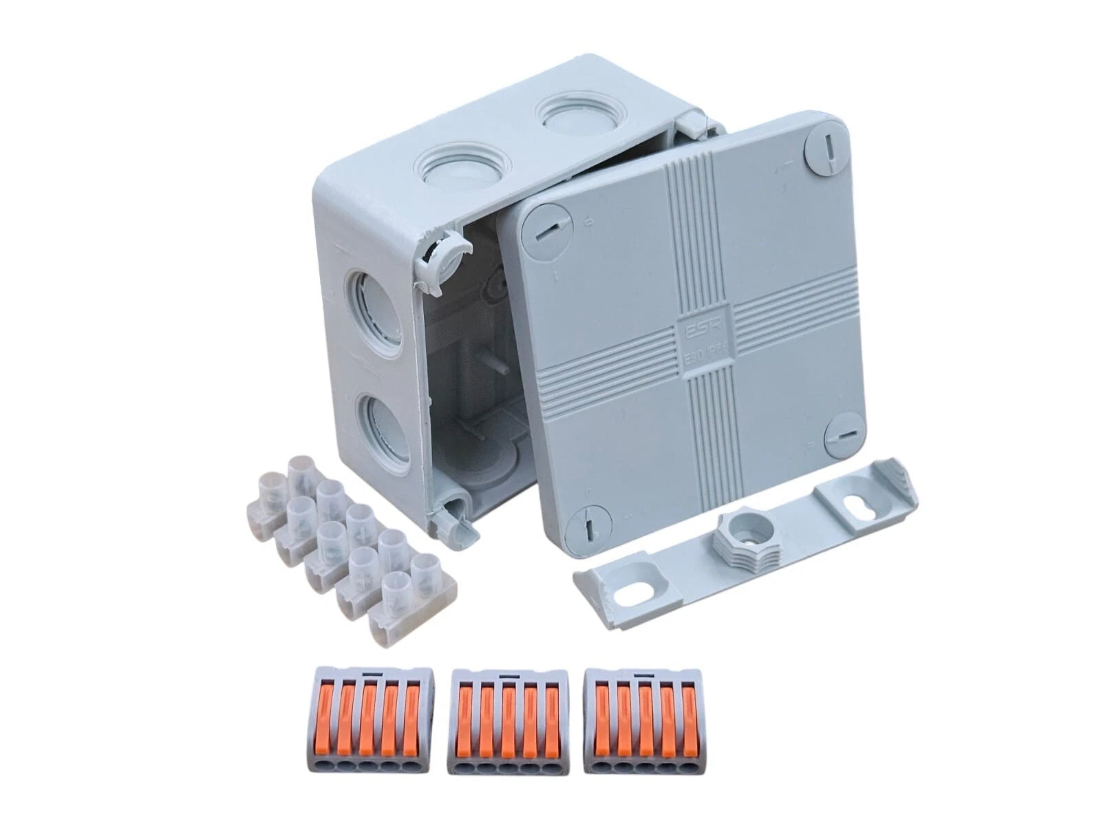 ESR IP66 Waterproof Junction Box Black or Grey 90x90x56mm + 3 Wago Connectors