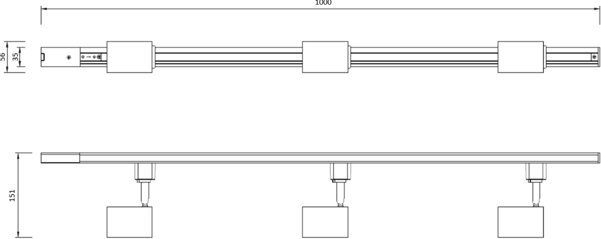 Technical line drawing of a 1000mm ceiling track light bar with three evenly spaced spotlight fittings, showing front and side views with dimensions including 1000mm length, 151mm drop, 56mm width, and 35mm track depth.