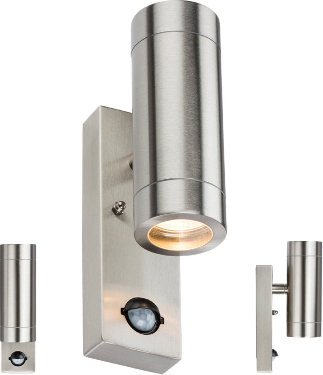 Knightsbridge 230V IP44 2 X GU10 Stainless Steel Up/Down Wall Light with Pir