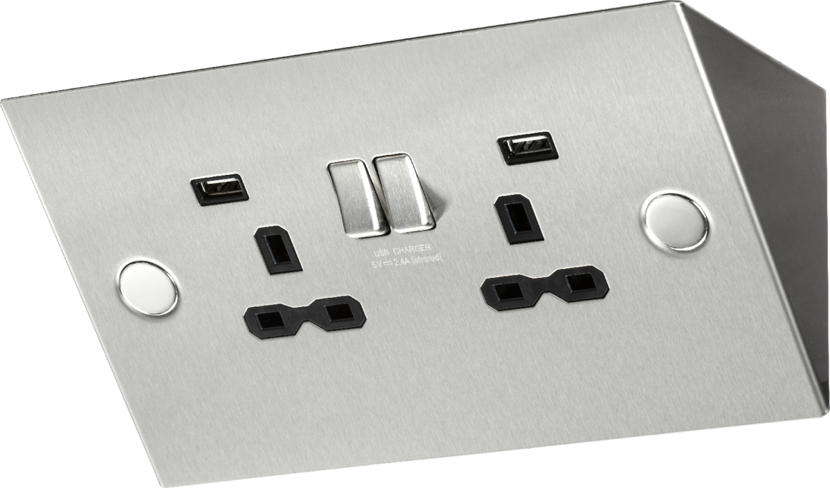 Knightsbridge 13A 2G Mounting Switched Socket with Dual USB Charger 2.4A - Stainless Steel with black insert