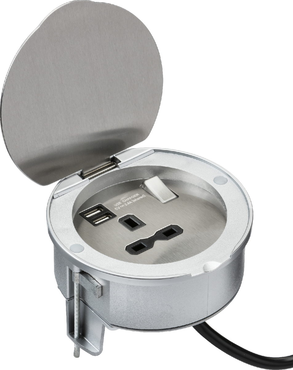 Knightsbridge 13A 1G Recess Switched Socket with Dual USB Charger 2.4A - Stainless Steel with Black Insert