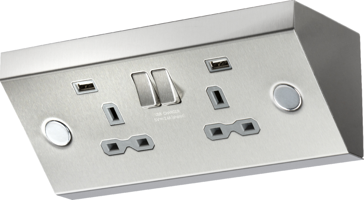 Knightsbridge 13A 2G Mounting Switched Socket with Dual USB Charger 2.4A - Stainless Steel with grey insert