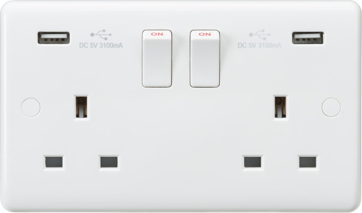 Knightsbridge Curved Edge 13A 2G Switched Socket Dual USB Charger 5V DC 3.1A Shared