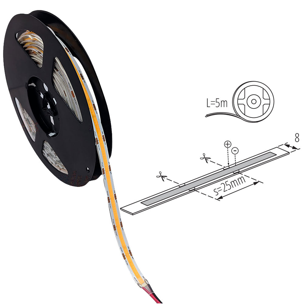 Kanlux Dotless 12V 8w/m 5meter IP00 8mm 40w White LED COB Striptape - IP00 Indoor - Choice of Warm WW Neutral NW White