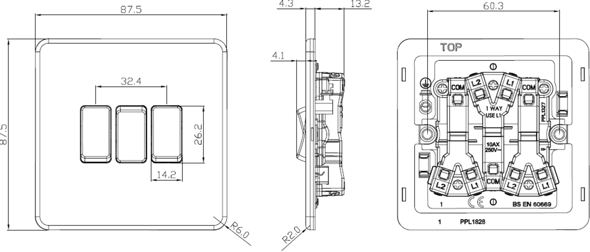 Knightsbridge Screwless 10AX 3G 3 Gang 2 Way Light Switch