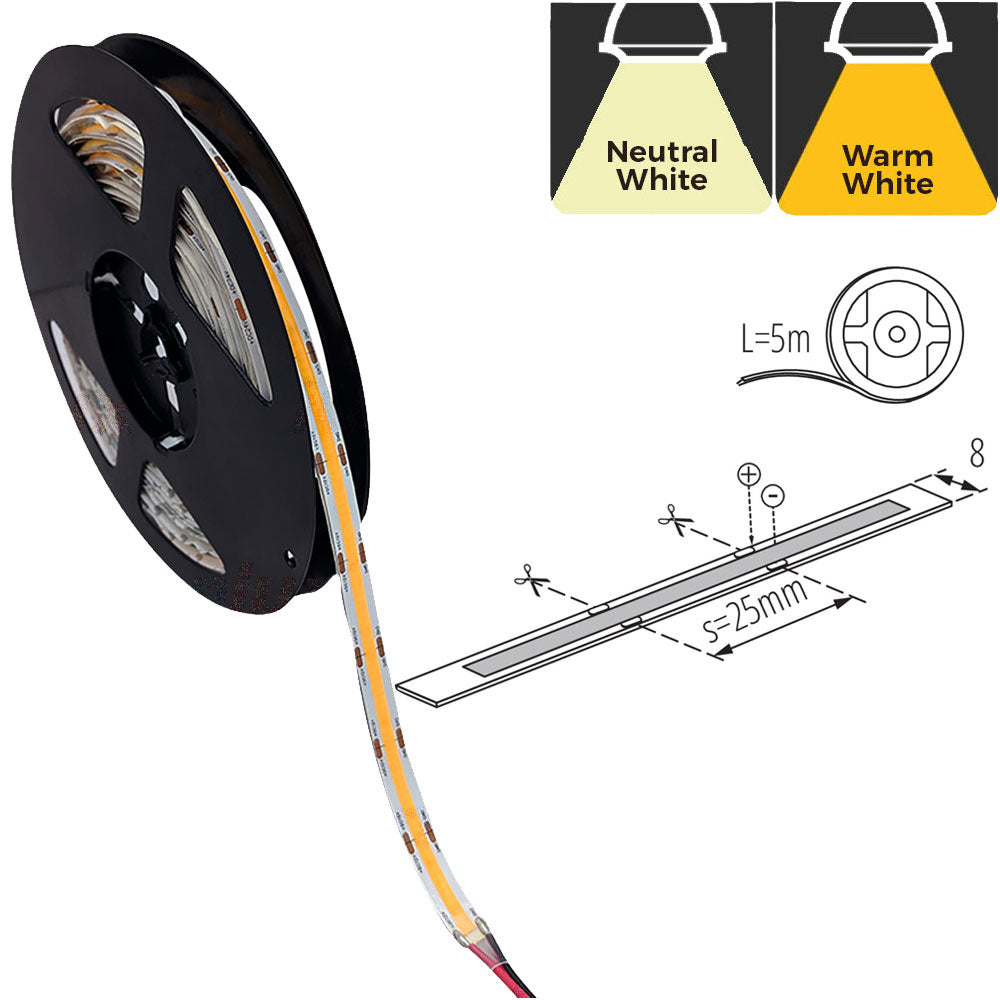 Kanlux Dotless 12V 8w/m 5meter IP00 8mm 40w White LED COB Striptape - IP00 Indoor - Choice of Warm WW Neutral NW White