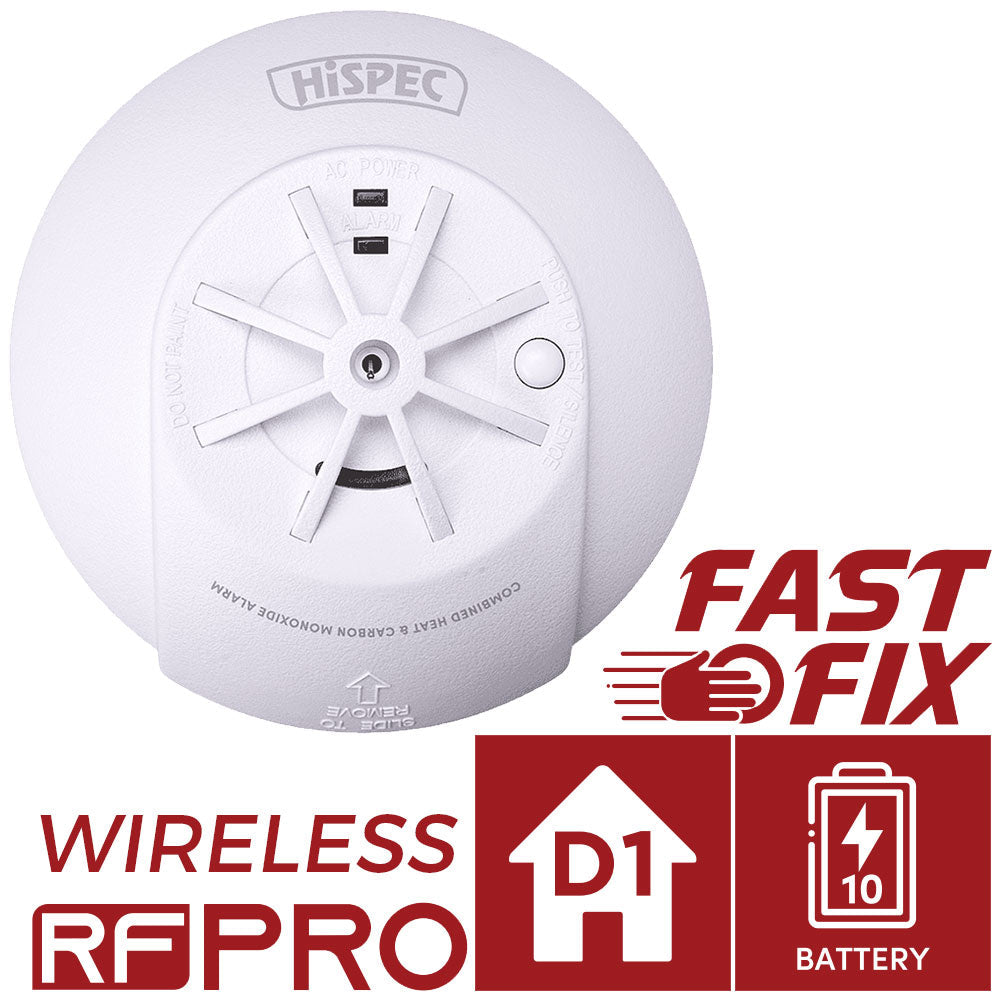 Hispec Wireless RF Combo Fast Fix Mains Heat & CO, Heat & Smoke Detector Alarm 10yr Battery