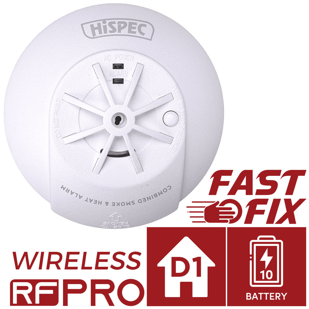 Hispec Wireless RF Combo Fast Fix Mains Heat & CO, Heat & Smoke Detector Alarm 10yr Battery