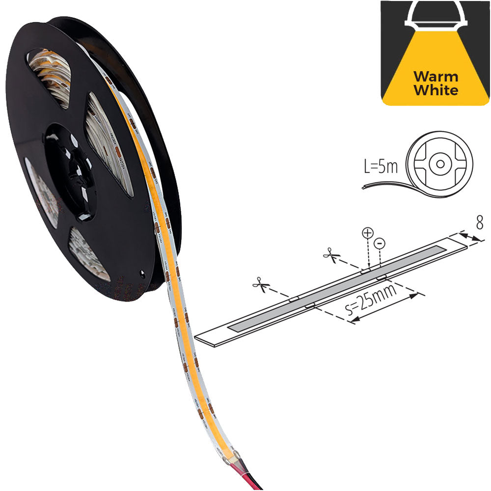 Kanlux Dotless 12V 8w/m 5meter IP00 8mm 40w White LED COB Striptape - IP00 Indoor - Choice of Warm WW Neutral NW White
