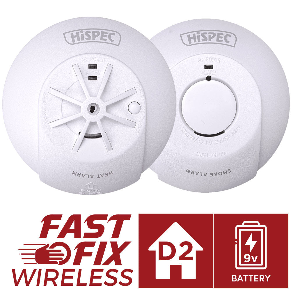 Hispec Wireless Radio Frequency Linkable Mains Smoke, Heat Detector Alarm 9v Backup Battery