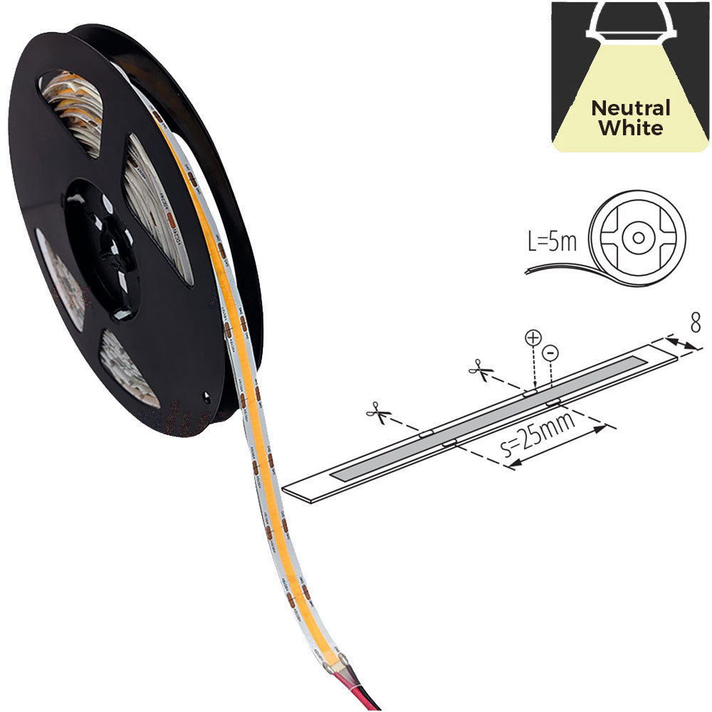 Kanlux Dotless 12V 8w/m 5meter IP00 8mm 40w White LED COB Striptape - IP00 Indoor - Choice of Warm WW Neutral NW White