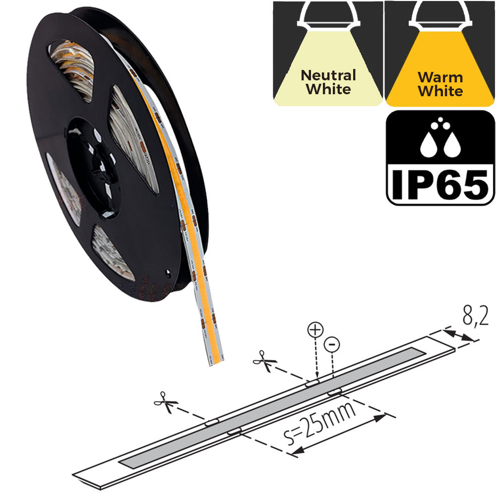 Kanlux Dotless 12V 8w/m 5meter 8mm 40w White LED COB Striptape  -  IP65 Indoor Outdoor Waterproof - Choice of Warm WW Neutral NW White