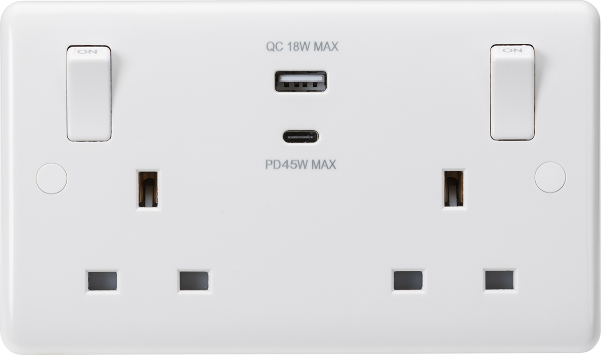 Knightsbridge Curved Edge 13A 2G Wall Socket Switched, Unswitched, USB Charger